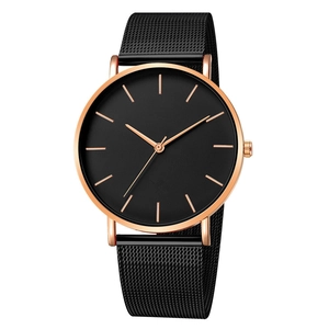 Minimalist quartz watch with rose gold case, black dial and Milanese mesh steel strap