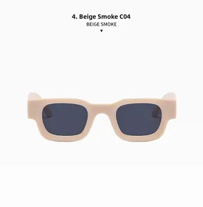 Detail of trendy beige rectangle sunglasses with high-quality smoke grey lenses