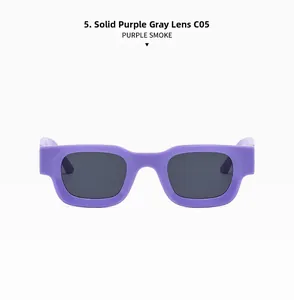 Front view of retro square sunglasses with purple frames and smoke grey lenses C05