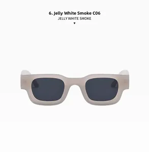Detail view of jelly white square frame sunglasses with smoke grey lenses and flat edges