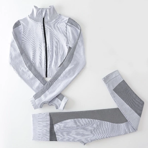 Ensemble de yoga deux pièces gris clair avec haut zippé et pantalon de sport