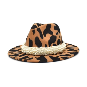 Chapeau fedora en laine à imprimé vache avec ruban de perles élégant pour voyage extérieur