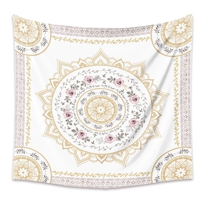 Bohemian mandala tapestry with pink roses and golden geometric patterns for wall decor