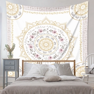 Bohemian mandala tapestry with pink roses and gold floral patterns for bedroom decor