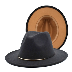 Detail of fedora hat with black exterior, camel interior and gold metal trim