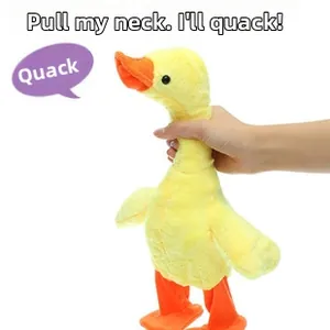 Interactive yellow plush duck toy making quack sounds when neck is squeezed