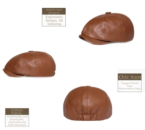 Detailed views of dark brown leather newsboy cap showing multi-panel stitching and texture