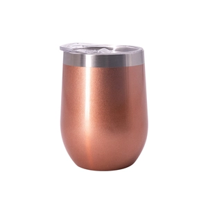 Insulated 12oz rose gold stainless steel egg cup with transparent lid on white background