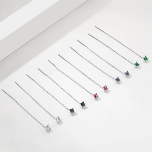 Long Chain Ear Thread Earrings With Square Cubic Zirconia 925 Sterling Silver Minimalist Geometric Jewelry For Women