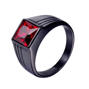 Fashion Men Square Zircon Stainless Steel Ring Black Plated Signet Band With Triple Grooves Punk Jewelry