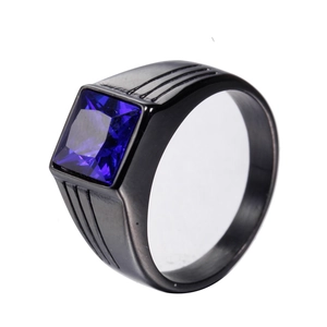 Men's titanium steel ring with large square blue gemstone and black frosted finish