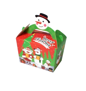 Detail of Christmas gift box with Santa illustrations and unique snowman head handle