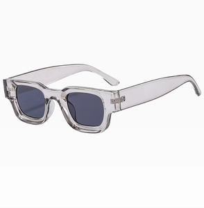 Detail view of transparent grey square frame sunglasses with dark grey UV lenses