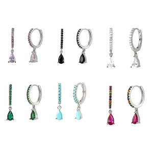 Luxury S925 silver hoop earrings with teardrop gemstones in six assorted colors