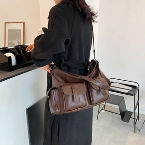 Brown multi-pocket large capacity PU leather tote shoulder bag for women in casual style
