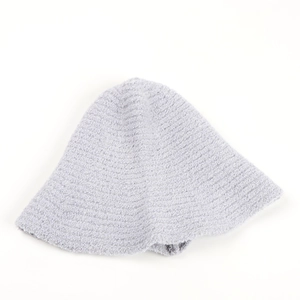Close-up of the soft knitted texture and ribbed horizontal pattern on the gray bucket hat