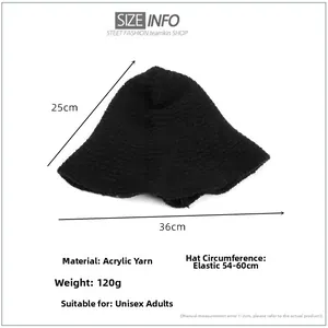 Detailed size chart for black knitted bucket hat showing dimensions and acrylic material
