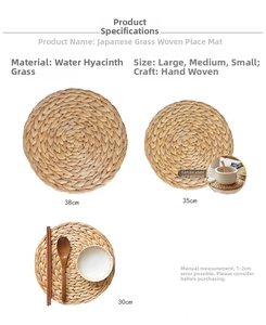 Three sizes of hand-woven water hyacinth placemats with spiral textures and detailed dimensions