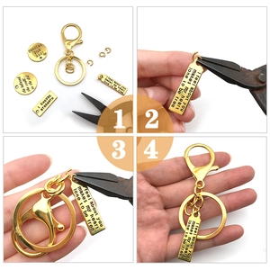DIY metal keychain set assembly showing gold lobster clasp and engraved charms