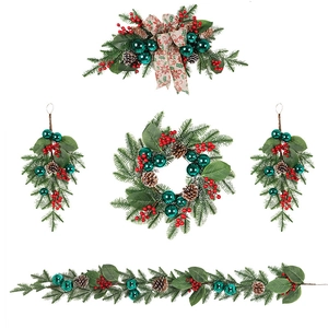 Christmas peacock green pine cone garland and wreath set for festive home door decor