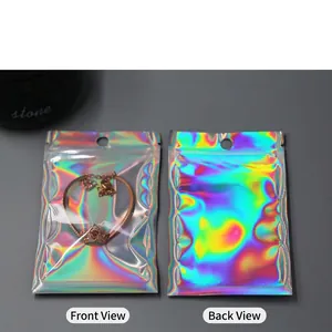 Holographic resealable bag with hanging hole and transparent front for jewelry storage