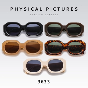 Detailed flat lay of chunky retro sunglasses with thick frames in five varied colors