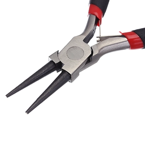Close-up of red and black round nose pliers for DIY jewelry making and precision crafts