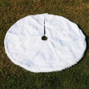 Premium plush white Christmas tree skirt in faux rabbit fur with round tie design
