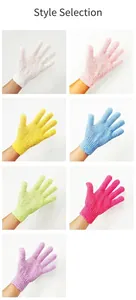 Exfoliating shower gloves in seven colors shown in use with textured woven fabric