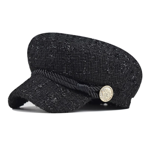 British Style Women Tweed Newsboy Hat Glitter Octagonal Baker Boy Cap Vintage Navy Hat With Metal Button Winter Warm Headwear