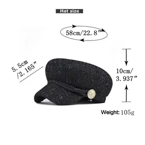 Size guide for black tweed newsboy hat showing head circumference and brim dimensions