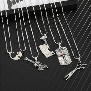 Vintage Punk Alloy Pendant Necklace For Men Women Hip Hop Gothic Scissors Guitar Cleaver Cross Cat Long Bead Chain Jewelry