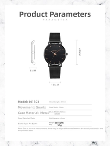 Detailed size chart of Geneva quartz watch with 42mm dial and 8mm slim metal case
