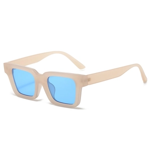 Modern rectangular sunglasses with matte beige frames and smooth blue tinted lenses