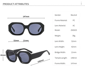 Detailed size specifications for hip hop style irregular sunglasses with angular frames