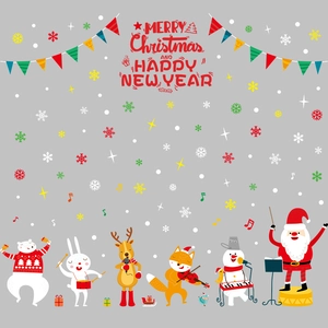 Stickers de Noël cartoon avec Père Noël et orchestre d'animaux pour décoration vitre
