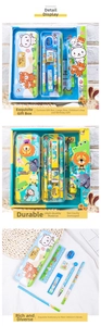 Detailed view of cartoon stationery set with pencil box, ruler, eraser and pencils