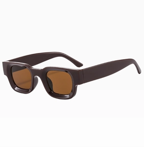 Detail view of retro rectangle sunglasses featuring deep coffee frames and brown lenses