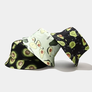 Detailed comparison of three avocado print bucket hats in black and beige cotton fabric