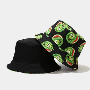 Detailed shot of two-piece bucket hat set with classic black and cartoon watermelon print