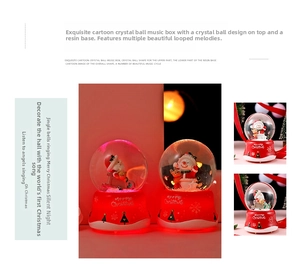 Detailed view of resin base with Christmas trees and snowflakes on musical snow globe
