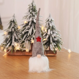 Detail of Christmas gnome with grey felt hat, red star, and thick white faux fur beard