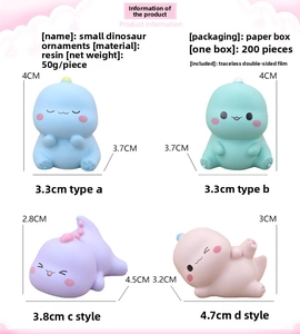 Detailed view of four cute dinosaur resin figurines with dimensions and packaging specifications