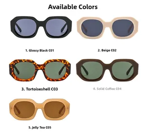 Color options for retro square sunglasses in black, beige, tortoiseshell, and brown tones