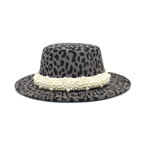 Flat top leopard print fedora hat for women with elegant faux pearl bead band decoration