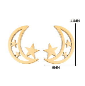 Macro shot of gold star and moon stud earrings showing 11mm by 8mm size dimensions