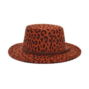 Flat top leopard print wool fedora hat with a brown woven decorative band accent