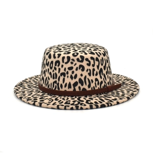 Flat top wool fedora hat with leopard print and a brown woven band decoration