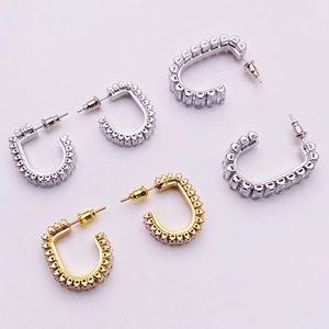 French square zircon C-shaped hoop earrings in gold and silver plating