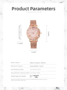Detailed specs of rose gold floral quartz watch with Milanese mesh strap and 34mm dial